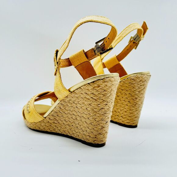 Jack Rogers Shoes Womens 9 Gold Tan Fabric Leather Sandals Slingback Wedge Heels - Picture 4 of 12